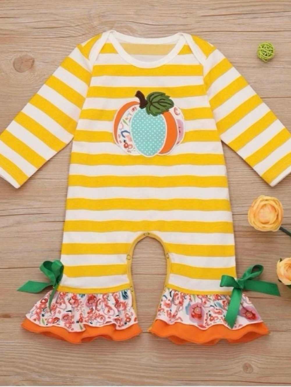 Baby Girl Halloween Pumpkin Long-Sleeve Bell Bottom Romper, Size 9-12m